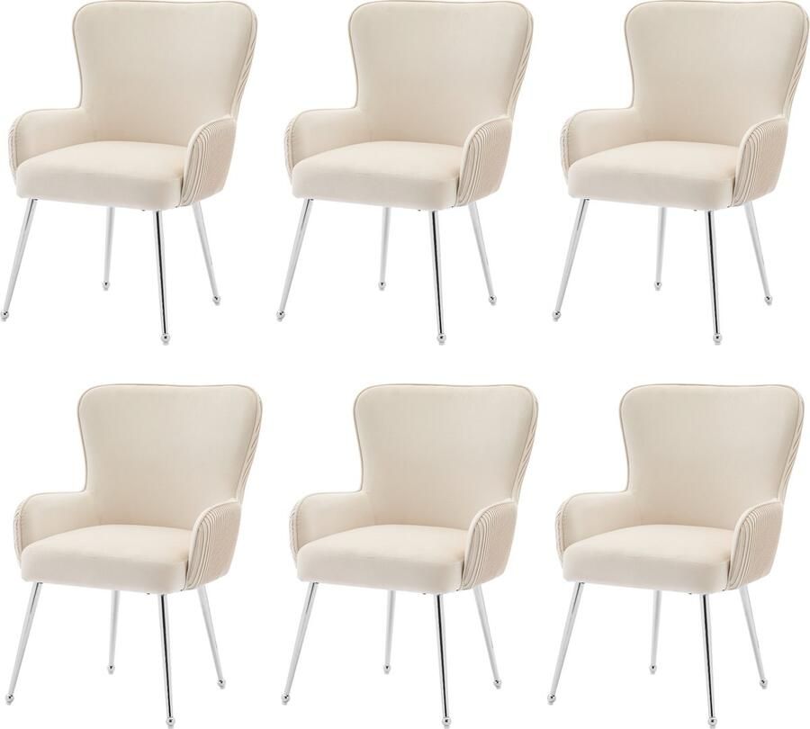 Merax Samt-Esszimmerstuhl 6er-Set luxuriös Wohnzimmer Schlafzimmer Lounge-Stuhl mit vier Silberne Metallstützbeinen Mit Armlehnen und verstellbaren Füßen Lendenwirbelstütze Beige