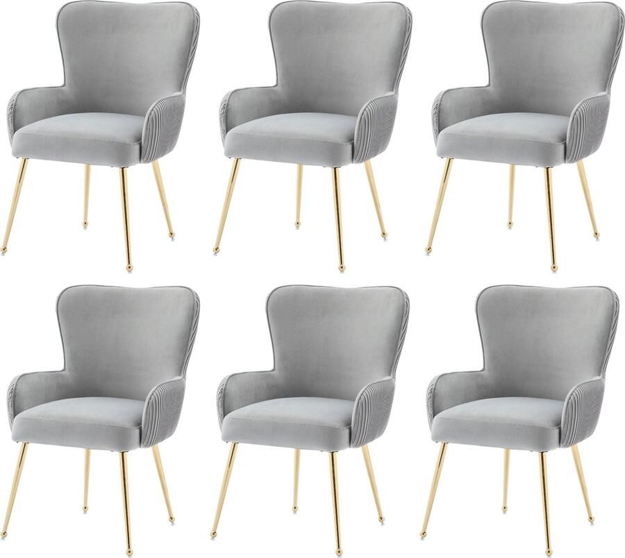 Merax Luxe Fluwelen Eetkamerstoelen (Set van 6 stuks) Eetkamerstoelen met Armleuningen en Verstelbare Gouden Metalen Poten Ergonomisch en Comfortabel Perfect voor Woonkamer en Slaapkamer