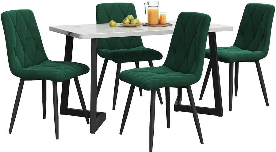 Merax Eetkamerset 5-Delig 117x68 cm Eettafel met 4 Eetkamerstoelen Rechthoekige Tafel Moderne Eethoek Keukenstoelen van Groen Fluweel Zwarte Tafelpoten - Foto 3