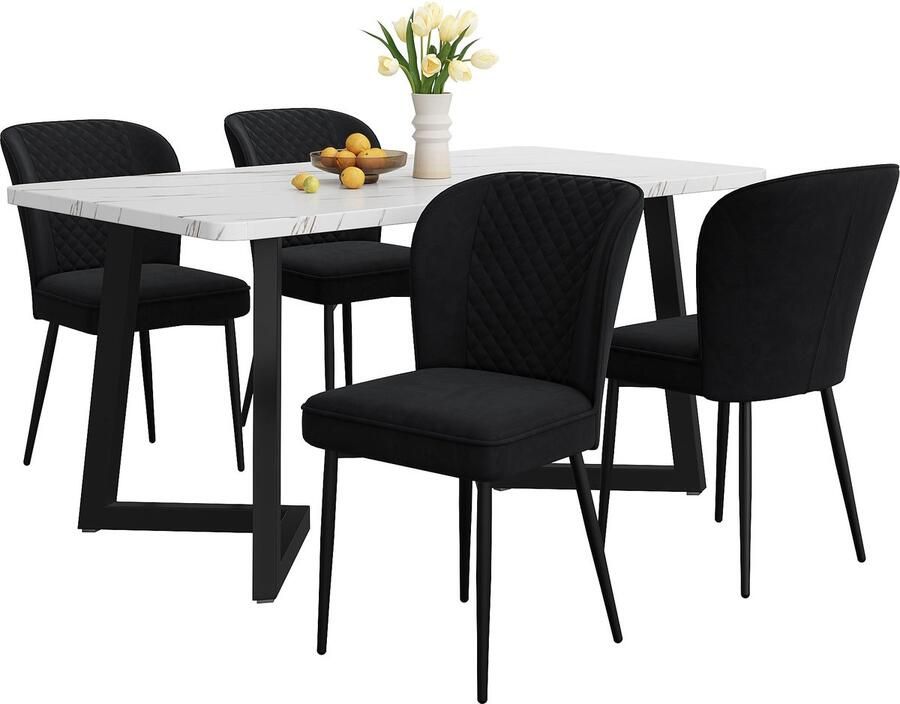 Merax Eetset – Moderne Eettafel met 4 Zwarte Fluwelen Eetkamerstoelen – Wit MDF Tafelblad met Zwarte Metalen Poten