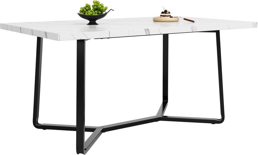 Merax Eettafel 109x75 cm Marmerlook Tafelblad Eettafel voor 4 tot 6 Personen Wit Zwart MDF met Metalen Poten