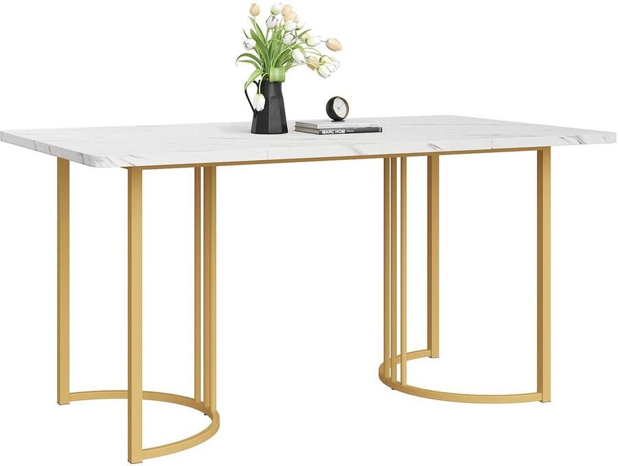 Merax 140 x 80 cm Eettafel Moderne Keukentafel met Marmerpatroon Tafel met Metalen Frame en Verstelbare Poten Wit met Goud