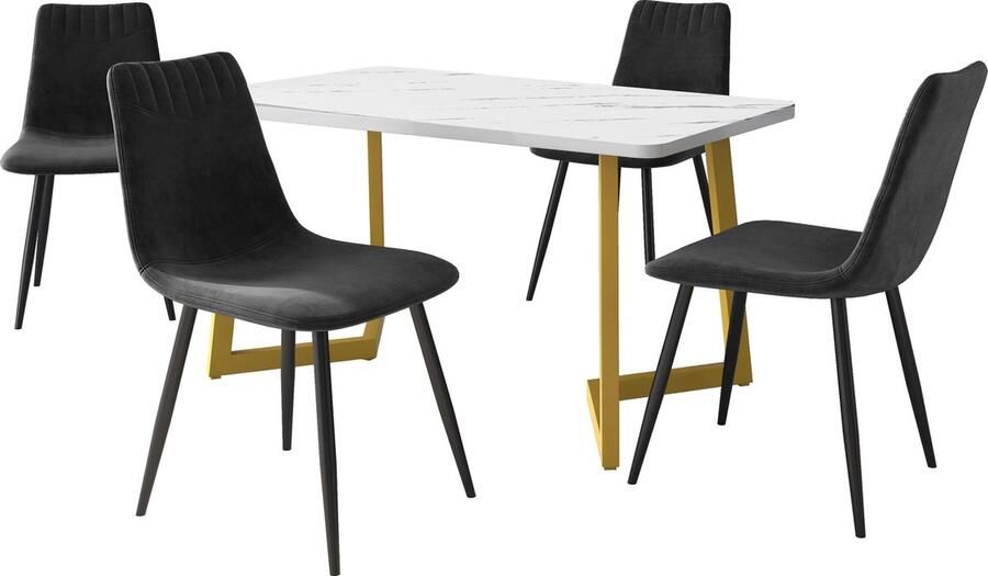 Merax Eetkamerset en Stoelen Set 5-Delig Gouden Tafelpoten met 4 Zwarte Fluwelen Stoelen Modern Marmerlook MDF Tafelblad
