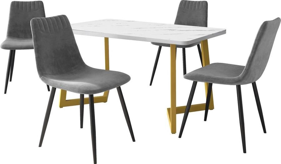 Merax Eettafel en Stoel Set (1+4): Moderne Tafel met Gouden Poten en 4 Donkergrijze Velvet Stoelen MDF Tafel met Marmormotief