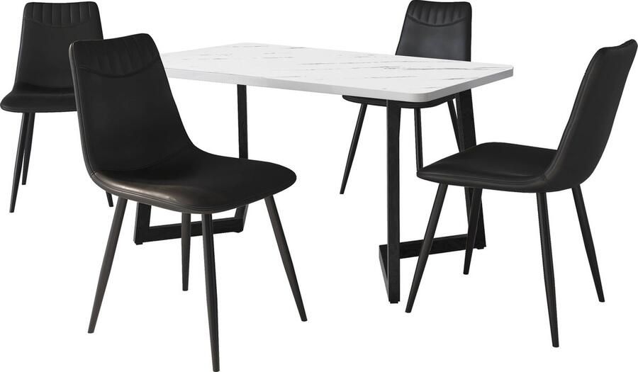 Merax Eettafel en Stoel Set (1+4) – Moderne Zwarte Eettafel met 4 PU Eetkamerstoelen Marmerlook Tafelblad Klassiek en Elegant Design