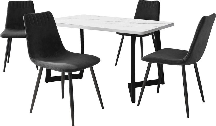 Merax Eettafel en Stoel Set (1+4) Zwarte Stalen Tafel met 4 Zwarte Velours Stoelen Moderne Marmor MDF Eettafel