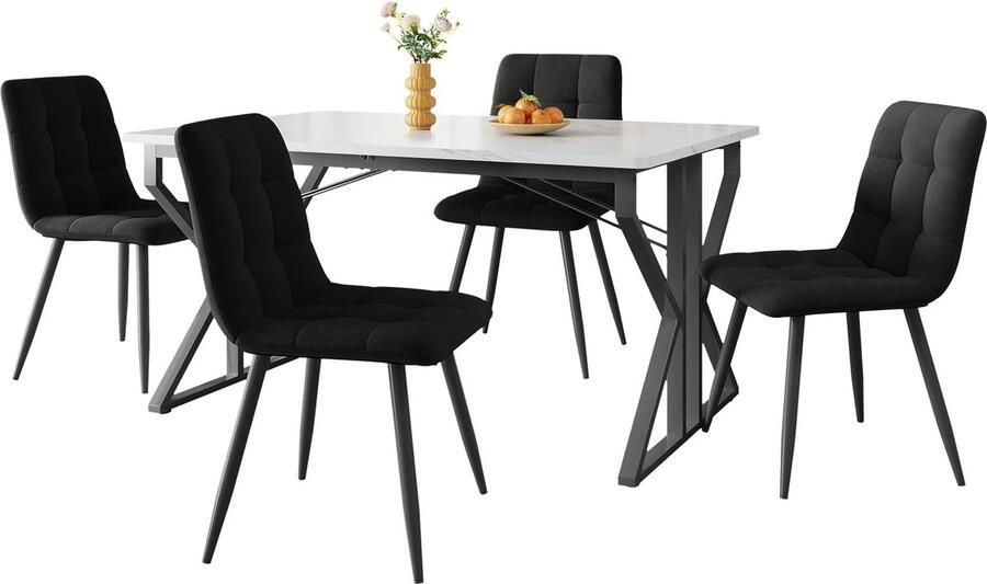 Merax Eettafel en Stoel Set (5-delig) 119x70 cm met 4 Zwarte Stoelen Moderne MDF Tafel met Marmormotief en Zwarte Metalen Poten