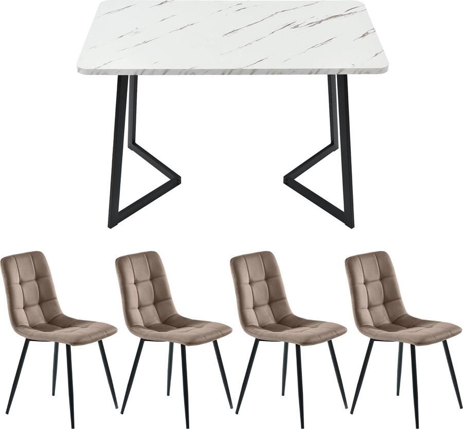 Merax Eettafel en Stoelen Set 117x68 cm Rechteckige Eettafel Moderne Keukentafel Set Bruine Samt Eetkamerstoelen Zwarte Metaal Tafelpoten