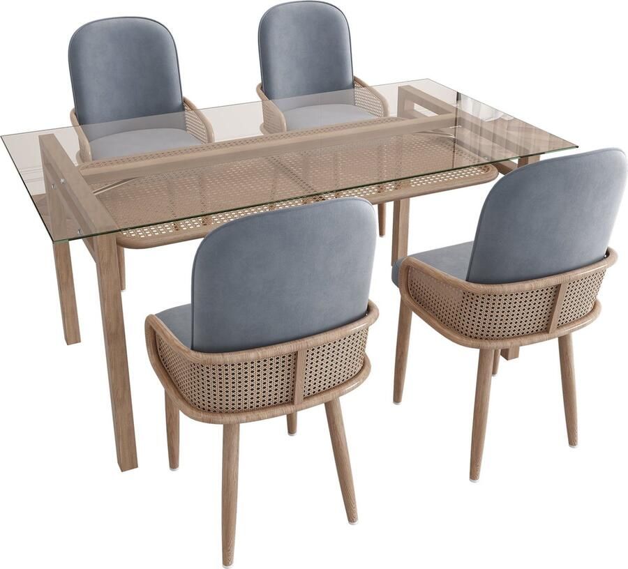 Merax Eettafel en Stoelen Set – 4 Grijze Velvet Eetkamerstoelen met Rattan Design – Moderne Eetkamerset met Glazen Tafelblad en Opbergruimte