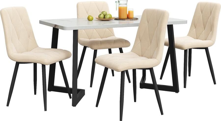 Merax Eettafel en Stoelen Set (5-delig) 117x68 cm Rechthoekige Tafel met 4 Beige Twill Samt Stoelen en Zwarte Poten