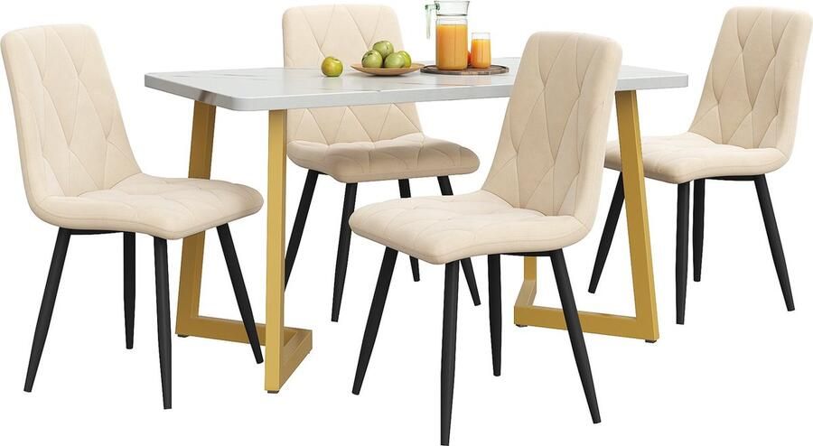 Merax Eettafel en Stoelen Set (5-delig) 117x68 cm Rechthoekige Tafel met 4 Beige Twill Samt Stoelen en Gouden Poten