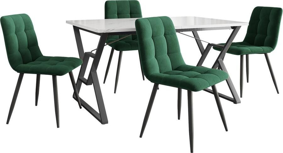 Merax Eettafel en Stoelen Set (5-delig) 119x70 cm Moderne Tafel met 4 Donkergroene Stoelen en Zwarte IJzeren Poten