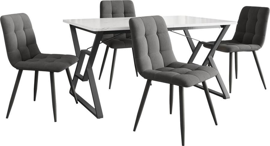 Merax Eettafel en Stoelen Set (5-delig) 119x70 cm Moderne Tafel met 4 Grijze Stoelen en Zwarte IJzeren Poten