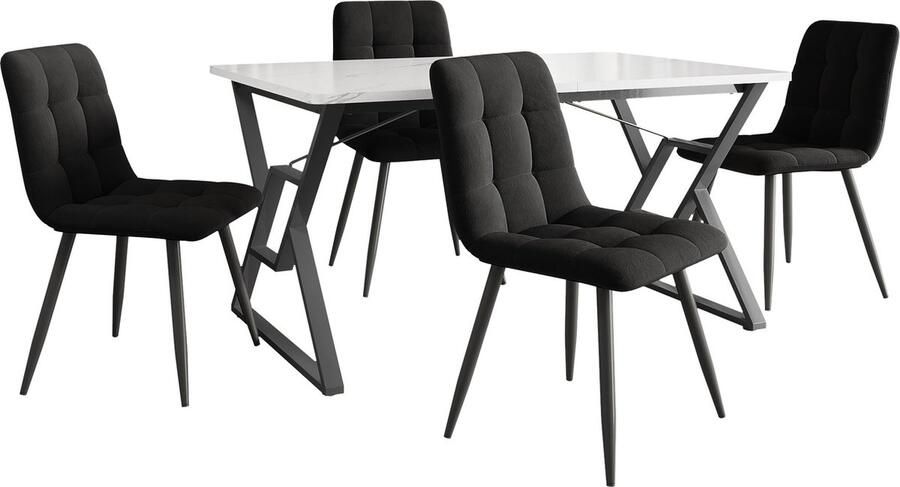 Merax Eettafel en Stoelen Set (5-delig) 119x70 cm Moderne Tafel met 4 Zwarte Stoelen en Zwarte IJzeren Poten