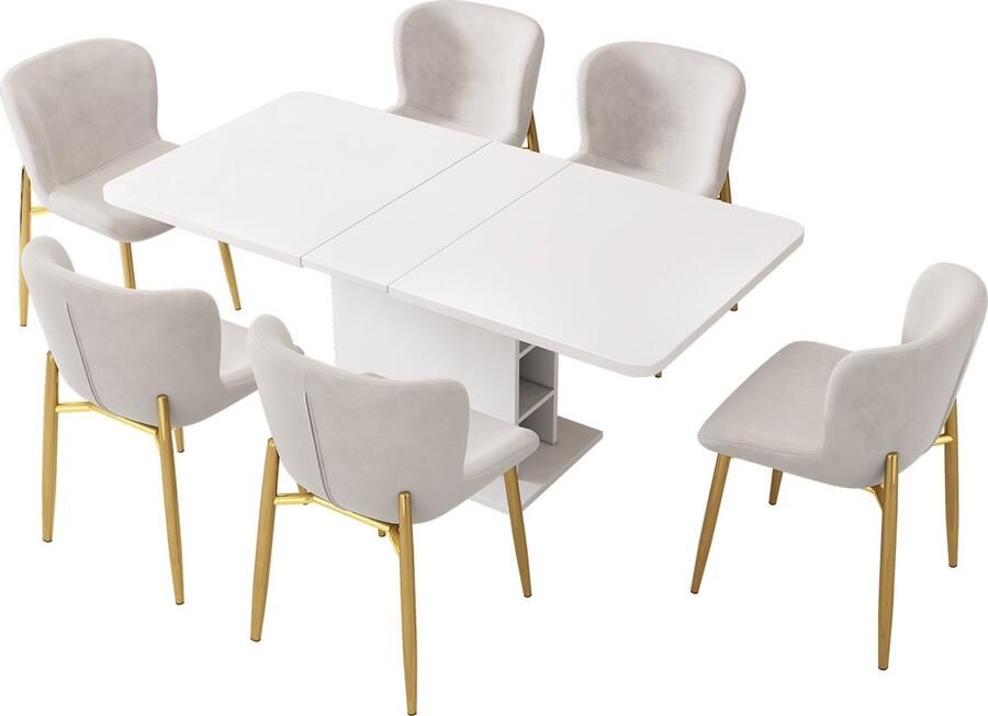 Merax Eettafel- en Stoelset (6-delig) Uitschuifbare Eettafel met Opbergruimte Luxe Fluwelen Eetkamerstoelen met Metalen Poten Wit en Beige