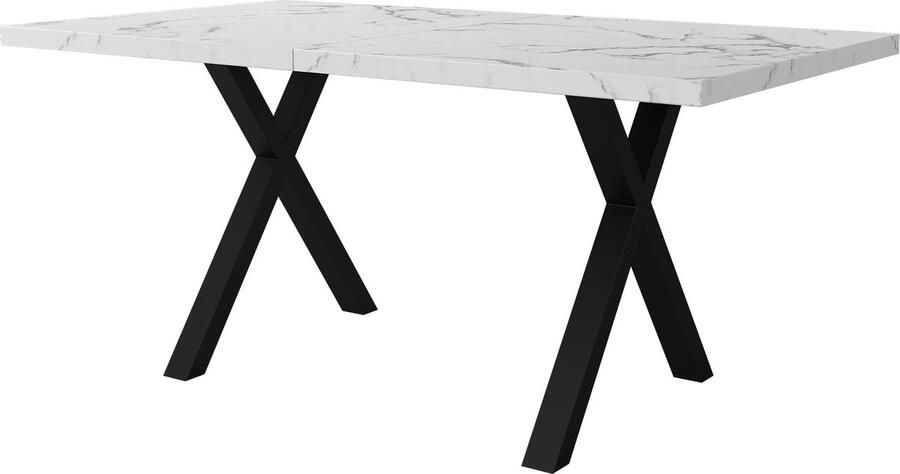 Merax Eettafel met Gekruiste Poten Rechthoekige Eettafel Moderne Marmerlook Tafel Stalen Poten 140x80x76cm Zwart-Wit