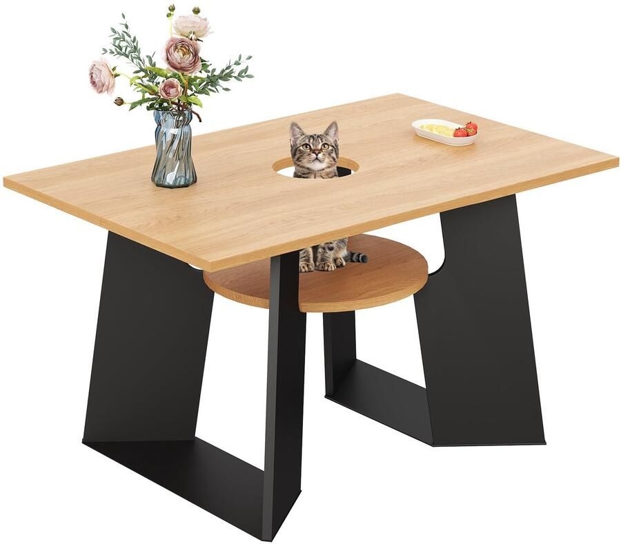 Merax Eettafel met Huisdierzone en Opbergrek Rechthoekige Eettafel voor 6 Personen Zwart en Natuurlijk Hout Moderne Houten Keukentafel met Kattenruimte 130x85x75 cm