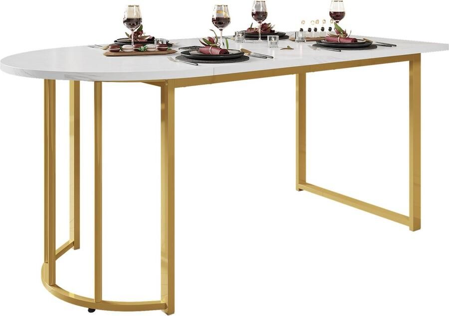 Merax Eettafel met Marmerlook Tafelblad – Moderne Tafel voor 4 tot 6 Personen met Gouden Metalen Frame – Keukentafel of Woonkamertafel – 138x80x75 cm – Wit met Goud - Foto 2