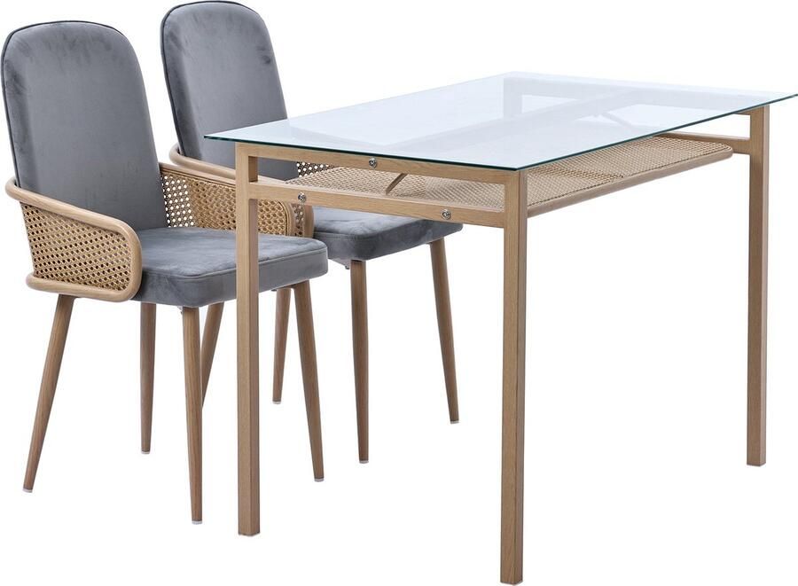 Merax Eettafel met Opbergruimte – 110 x 65 x 74 cm – Moderne Tafel met Gehard Glazen Tafelblad en Rotan Design – Veelzijdige Rechthoekige Tafel – Beige