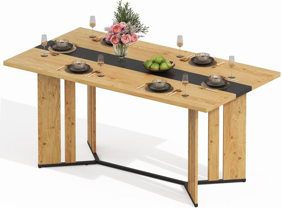 Merax Eettafel Scandinavisch Design Houten Eettafel 150×80×76 cm Eikenlook met Zwarte Accenten Waterbestendig en Krasvast 4 tot 6 Personen
