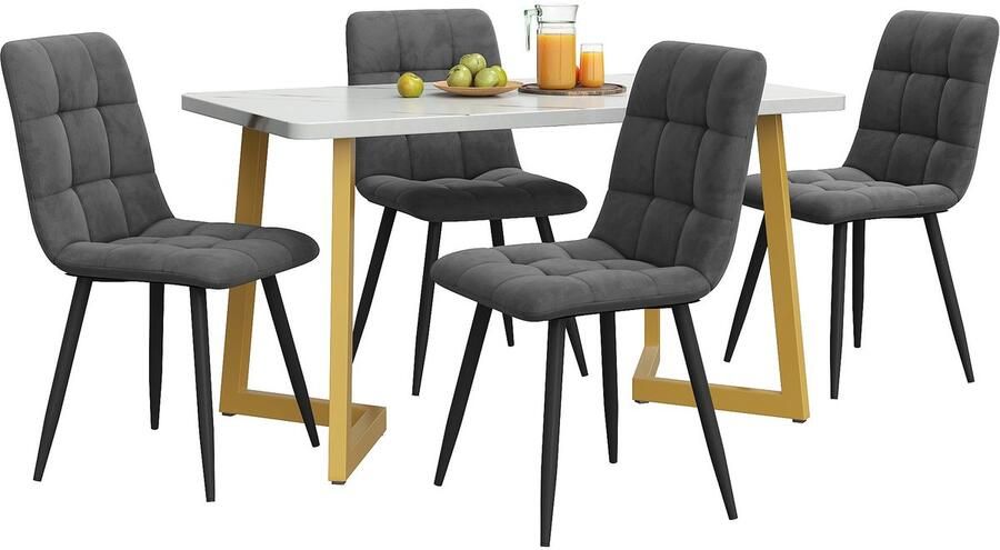 Merax Eetkamerset 117cm Rechthoekig Eettafel met 4 Eetkamerstoelen Moderne Keukentafelset Grijze Fluwelen Stoelen Wit Marmerlook Tafelblad met Gouden Poten