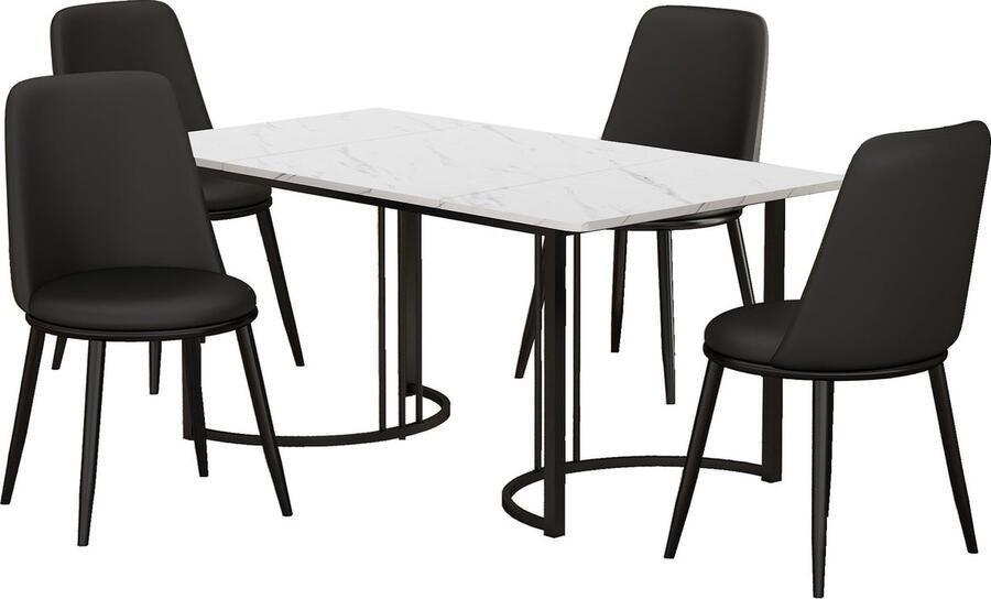 Merax Eettafel Set 140x80 cm met 4 Stoelen Moderne Keukentafel Zwart Kunstleder Stoelen Zwarte Metaal Poten Wit MDF Tafelblad