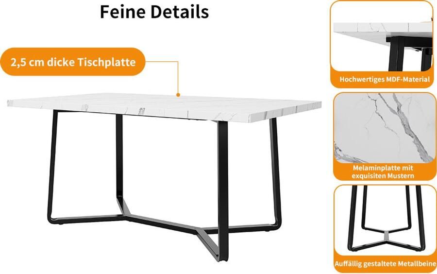 Merax Eetkamerset 5 Delig Eettafel met 4 Grijs Fluwelen Eetkamerstoelen Marmerlook Wit Tafelblad met Zwarte Poten - Foto 2