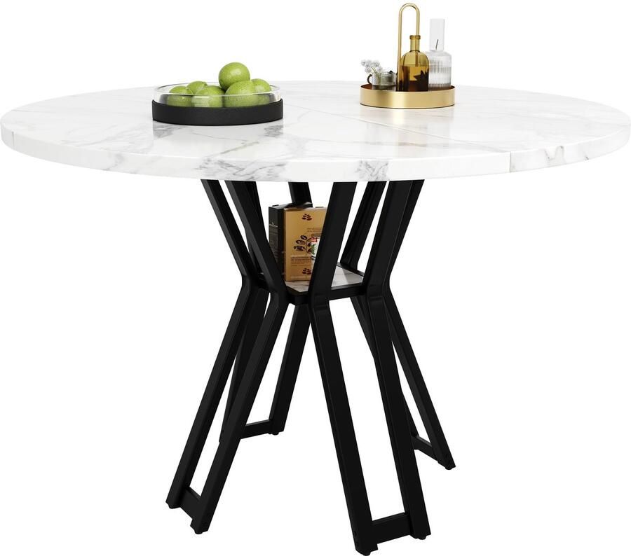 Merax Eettafel Set 5-delig – Ronde Eettafel 100 cm met Marmerlook Tafelblad en 4 Fluwelen Stoelen – Keukentafel Set met Zwarte Metalen Poten – Modern Eetkamermeubel