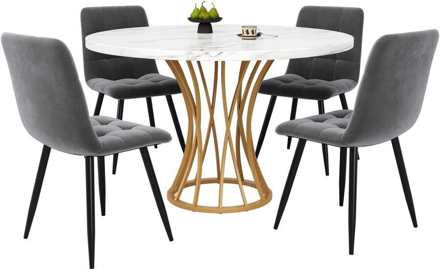 Merax Eettafel Set 5-delig – Ronde Eettafel 80 cm met Marmerlook Tafelblad en 4 Fluwelen Stoelen – Keukentafel Set met Gouden Metalen Poten – Modern Eetkamermeubel