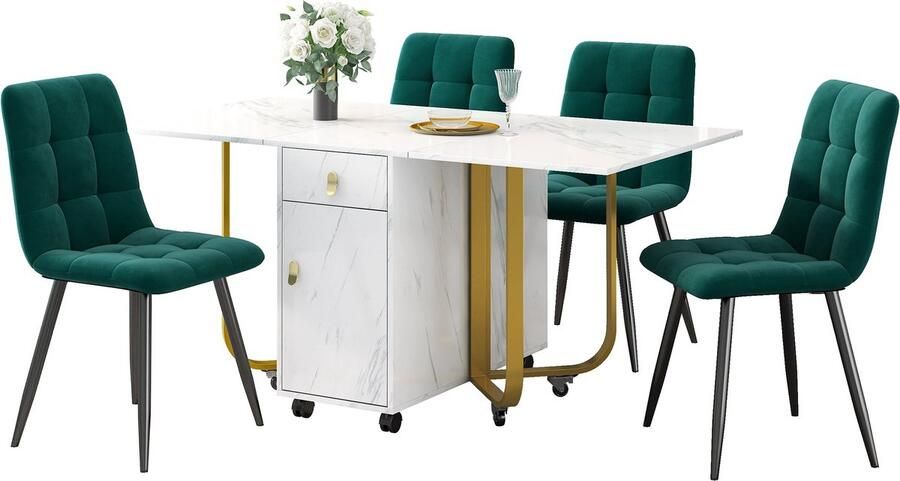 Merax Eethoek (5-delig) 150x80 cm Uitklapbare Eettafel met 4 Eetkamerstoelen Moderne Wit MDF Tafel met Zwarte Metalen Poten en Velvet Stoelen