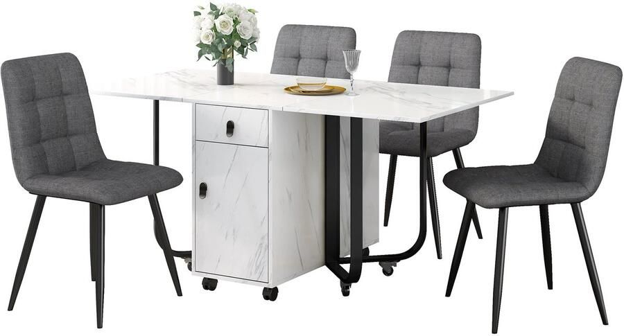 Merax Essgruppe (Set 150×80×76cm Esstisch mit 4 Stühlen) Klappbarer Küchentisch Set Leinen Esszimmerstuhl Polsterstuhl Design Stuhl mit Rückenlehne MDF Tischplatte in Weißer Schwarz Tischbeine - Foto 2