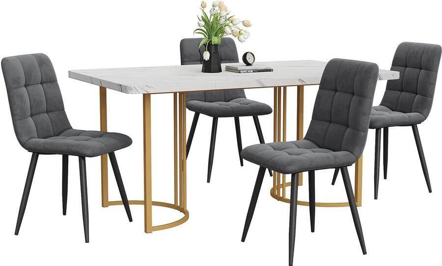 Merax 5 Delig Eetkamerset Eettafel met 4 Fluwelen Eetkamerstoelen Moderne Keukentafel Set 140x80 Tafel met Gouden Metalen Poten met Wit MDF Tafelblad Grijs Gestoffeerde Stoelen met Zwarte Poten