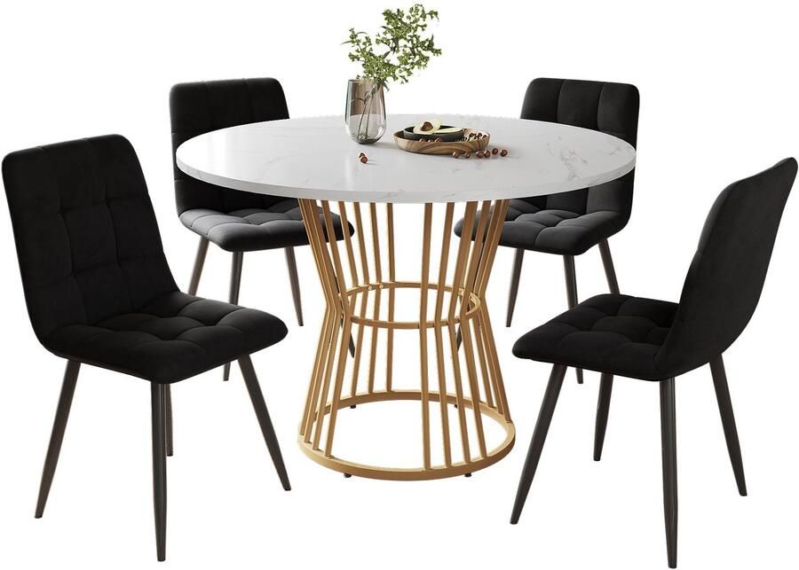 Merax Eettafel Set – 5-delige Eethoek – Ronde Eettafel Ø100 cm met 4 Eetkamerstoelen – Wit MDF Tafelblad met Marmerlook – Gouden Metalen Poten – Zwart Fluwelen Stoelen