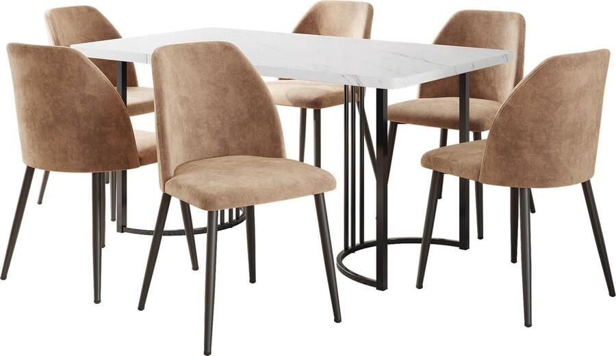 Merax Eettafel Set 7-delig – 140x80 cm Eettafel met 6 Stoelen Moderne Eetkamerset met Witte MDF Tafel en Stoelen met Rugleuning in Lichtbruin