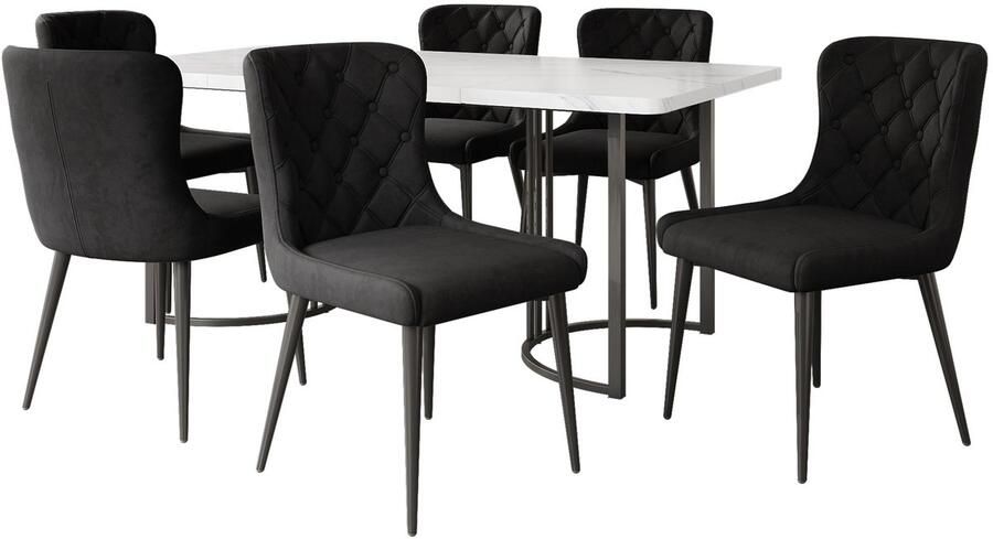 Merax Eettafel Set – 7-delige Eethoek – 140x80 cm Eettafel met 6 Eetkamerstoelen – Modern Design – Zwart – MDF Tafelblad & Metalen Poten