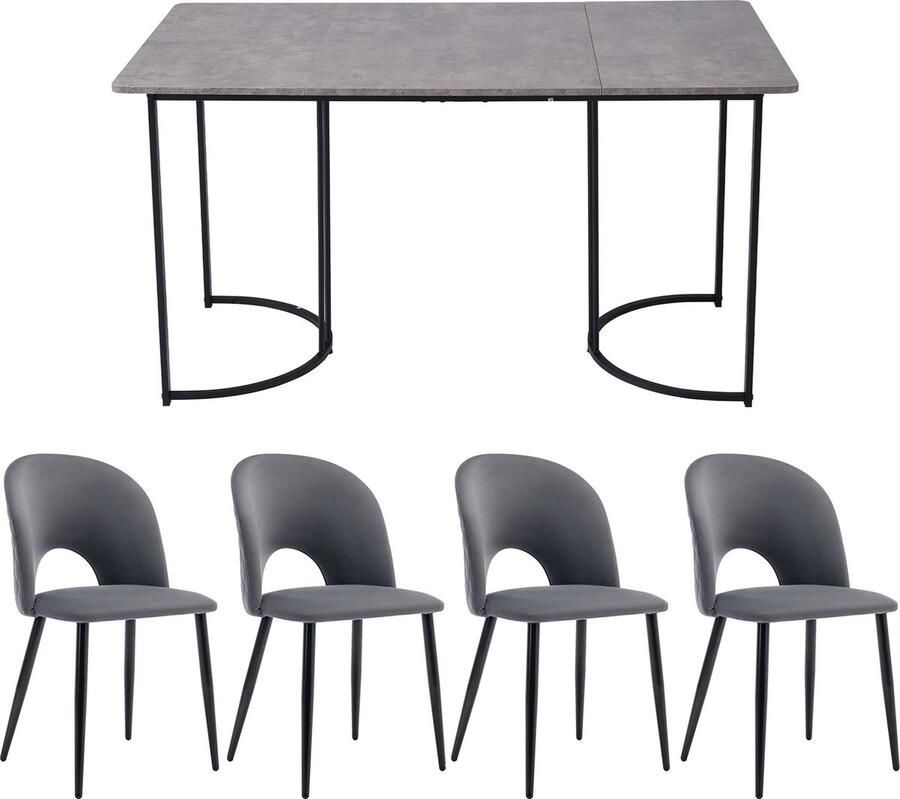 Merax Eettafel Set van 5 140x80 cm Eettafel met 4 Eetkamerstoelen Modern Keukentafel Set Grijze Fluwelen Stoelen met Ruitenpatroon Verstelbare Stijlvolle Stoelpoten MDF Tafelblad in Grijs Zwarte Tafelpoten