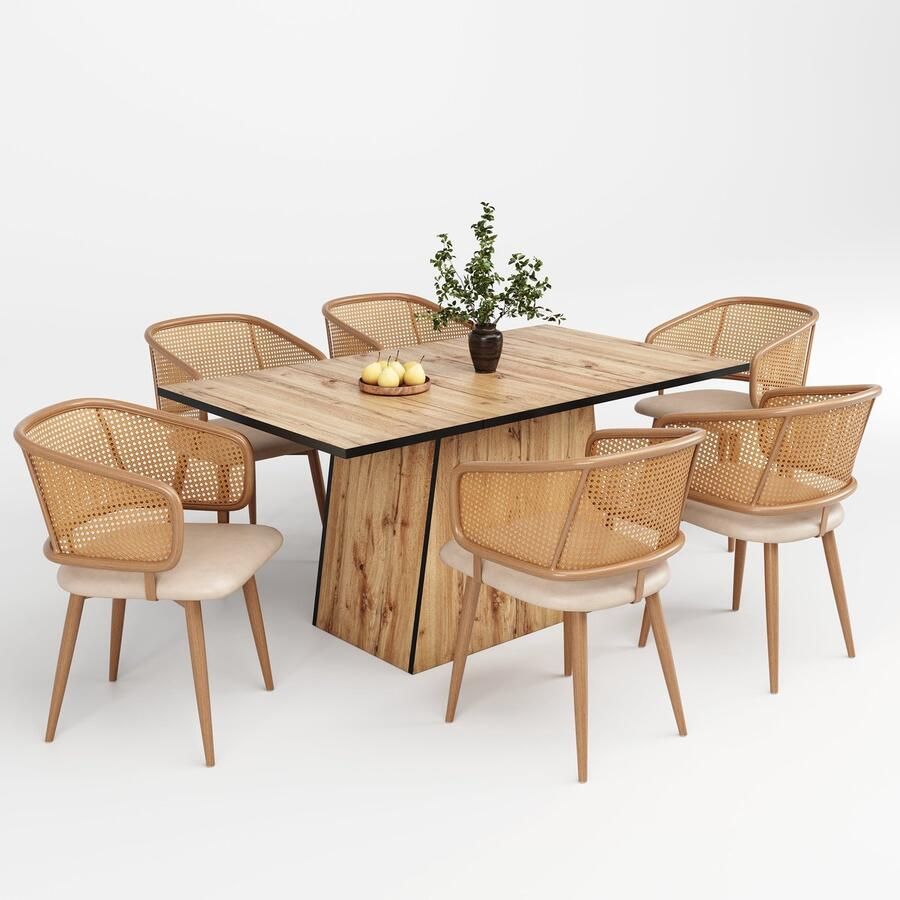 Merax Eettafel Set (7-delig) Tafel en Stoelen Set met Houtnerf Uniek Design 6 Rattan Stoelen met PU Lederen Kussens Stijlvolle en Eenvoudige Meubels voor Thuis
