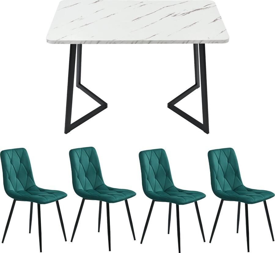 Merax Eetkamerset 5-Delig 117x68 cm Eettafel met 4 Eetkamerstoelen Rechthoekige Tafel Moderne Eethoek Keukenstoelen van Groen Fluweel Zwarte Tafelpoten - Foto 4
