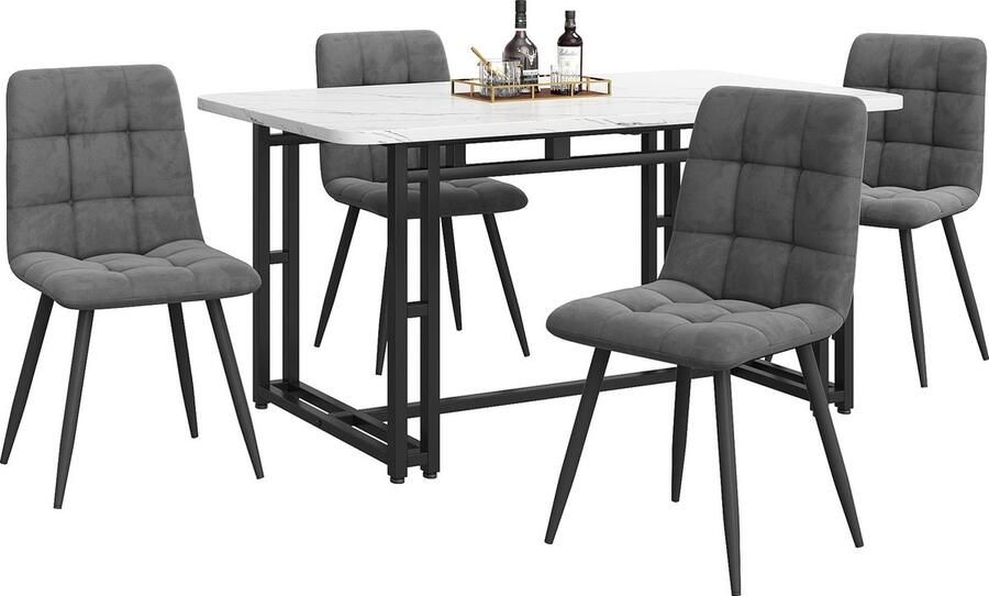 Merax 140x80cm Schwarz Esstisch mit 4 Stühlen Set Moderne Küche Esstisch Set Dunkelgrauer Samt Esszimmerstühle Schwarz Eisen Beintisch - Foto 2