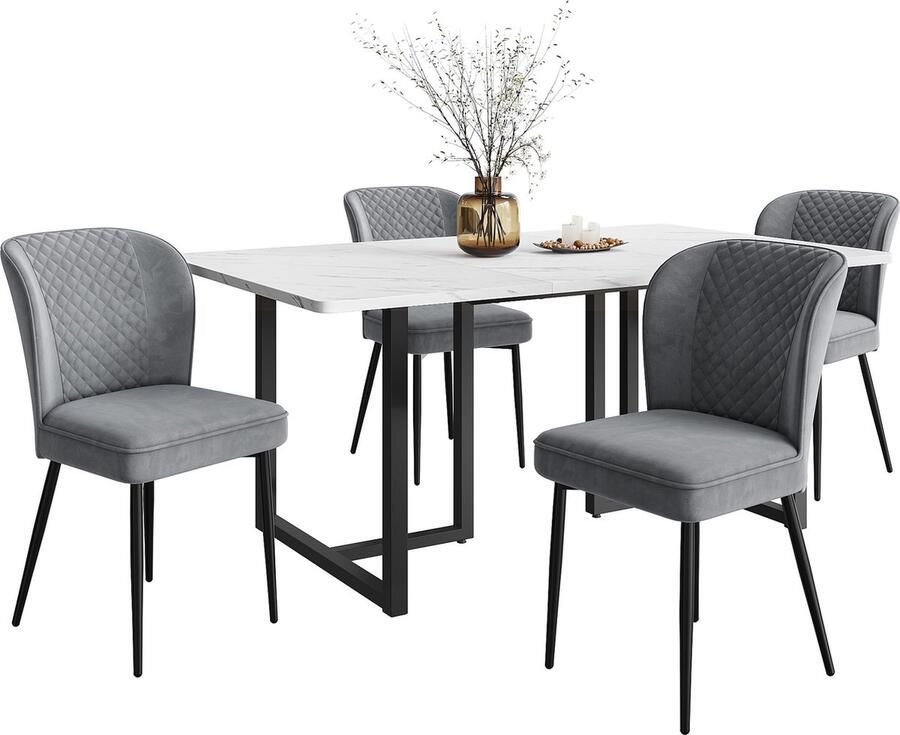 Merax Eetkamerset – 140×80×75 cm Eettafel met 4 Stoelen – Donkergrijze Fluwelen Stoelen – Moderne Eetkamertafel met MDF Tafelblad en Zwarte Metalen Poten