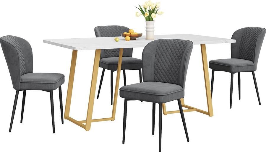 Merax Eetkamerset 5-Delig 140×80×75 cm Eettafel met 4 Donkergrijze Eetkamerstoelen en Gouden Metalen Poten