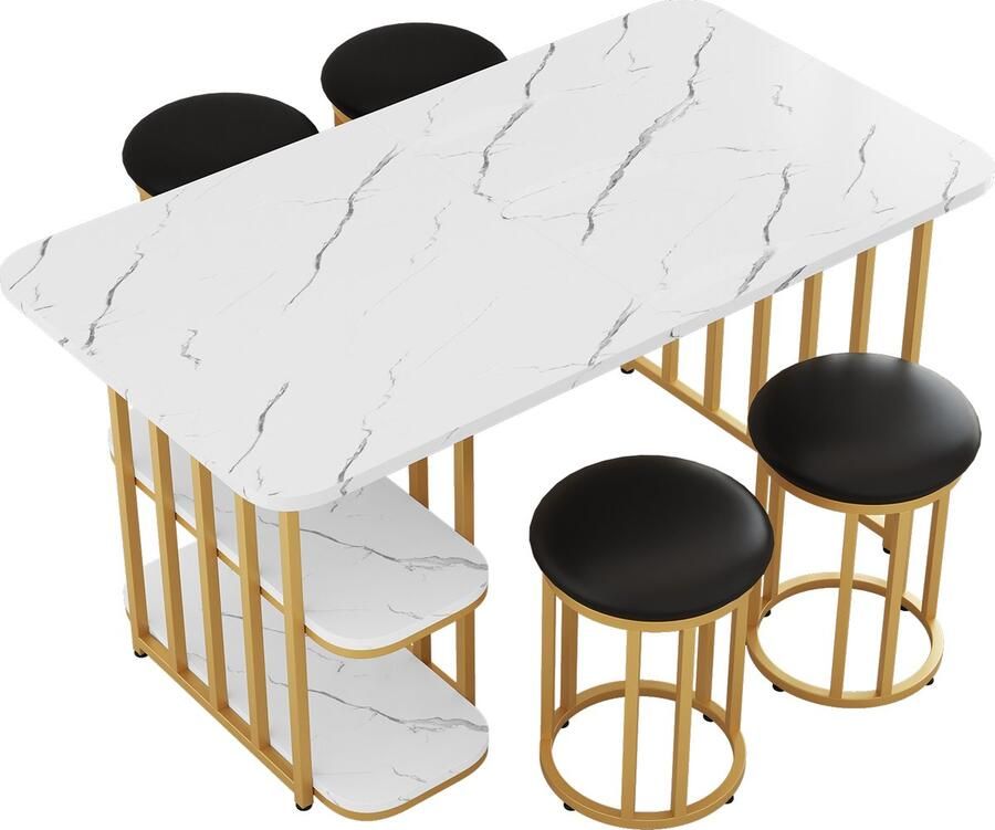 Merax Eettafelset 140x80x75 cm Moderne Rechthoekige Eettafel met Stauraum Keukentafel Set met 4 Stoelen Wit en Goud Stalen Frame