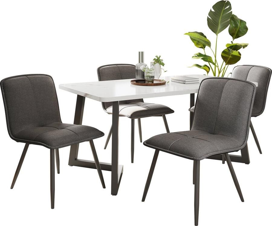 Merax Eetkamerset (5-delig) 117x68cm Eettafel met 4 Stoelen Set Modern Keuken Tafelset met Zwarte Poten en Grijze Linnen Stoelen