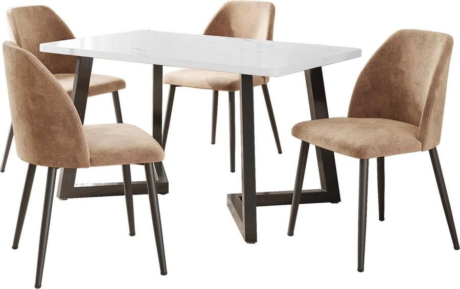 Merax Eetkamerset (5-delig) – 117x68cm Eettafel met 4 Moderne Eetkamerstoelen Marmorpatroon en Stalen Poten in Lichtbruin