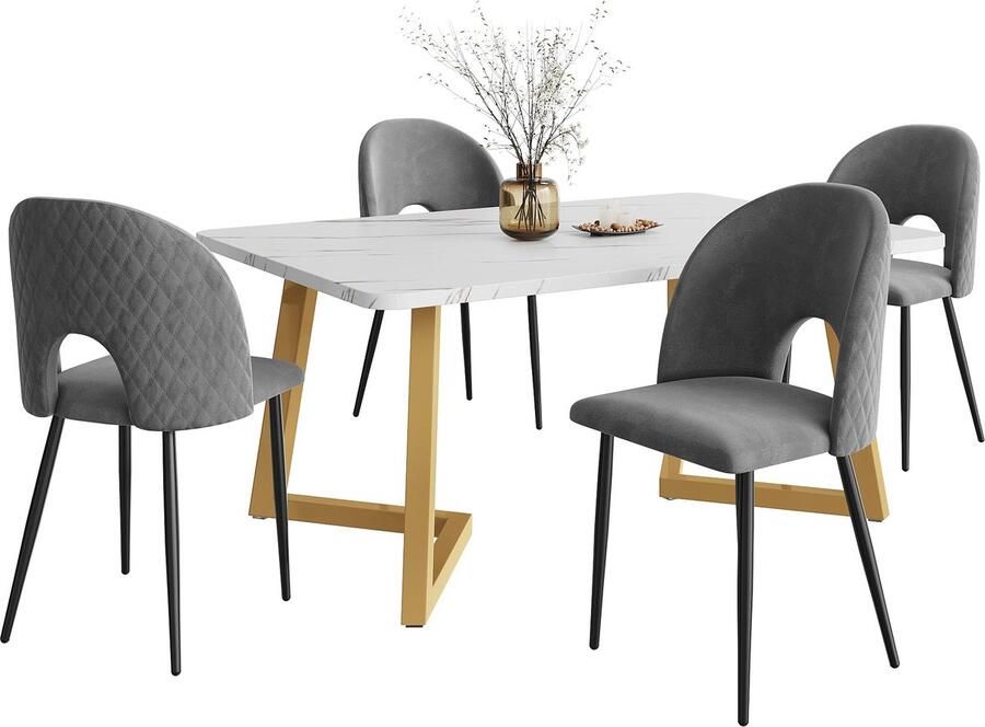 Merax Essgruppe (Set 117×68cm Esstisch mit 4 Stühlen) Rechteckiger Esstisch Moderner Küchentisch Set Samt Esszimmerstuhl Mit Diamantmuster Verstellbare Stuhlbeine Grau Samt Golden Tischbeine - Foto 2