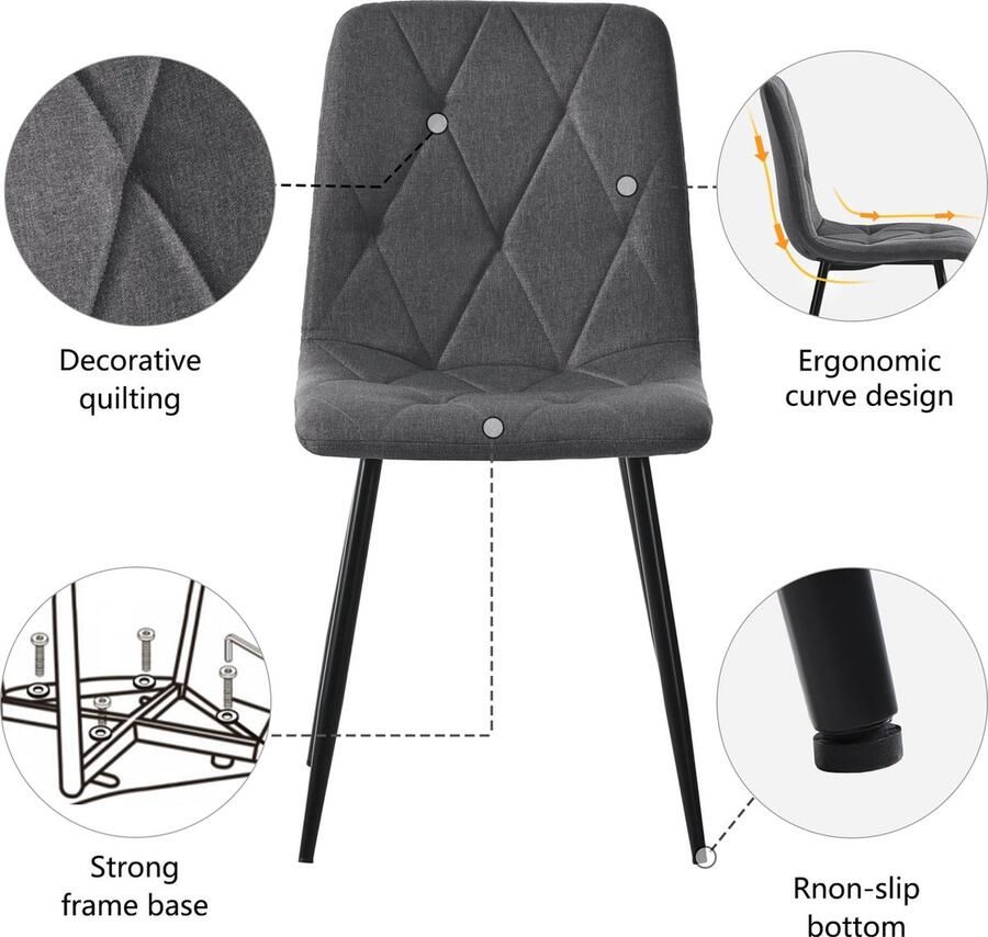 Merax Eettafelset (5-delig) 117x68 cm Rectangulaire Eettafel met 4 Donkergrijze Linnen Stoelen en Gouden Poten Modern Keukenmeubilair - Foto 2