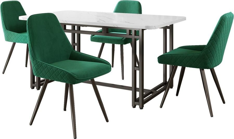 Merax Eettafelset 5-delig 120x70 cm Eettafel met 4 Donkergroene Eetkamerstoelen Moderne Set met Wit Marmerpatroon Tafelblad en Zwarte Stalen Poten