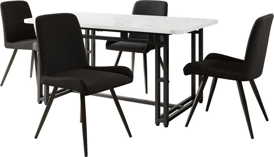 Merax Eetkamerset 5-delig 120x70 cm Eettafel met 4 Eetkamerstoelen – Moderne Keukentafel Set – Witte MDF Tafelblad – Stoelen met Zwarte Metalen Poten
