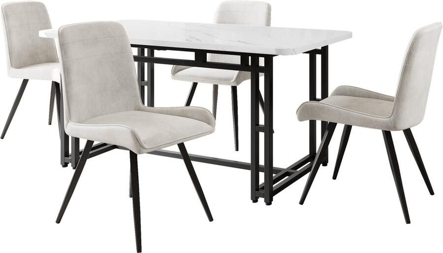 Merax Eetkamerset (5-delig) 120x70 cm Eettafel met 4 Eetkamerstoelen Moderne Keuken Tafelset in Wit en Beige
