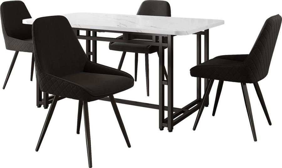 Merax Eethoek (5-delig) 120x70 cm Eettafel met 4 Zwarte Eetkamerstoelen Moderne Eettafel met Marmerlook Tafelblad en Stoelen Wit met Zwart